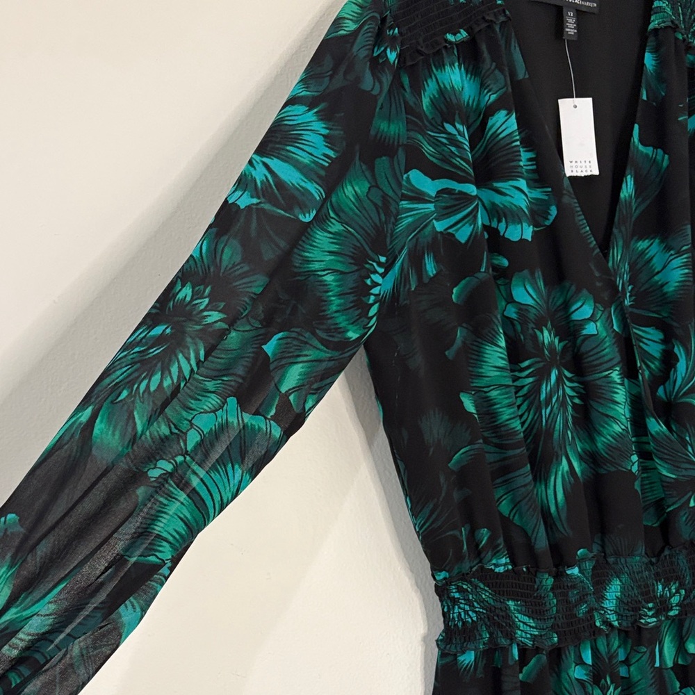 NWT WHBM White House Black Market Dress Emerald Green Floral Sheer Sleeve Sz 12 - Picture 6 of 13